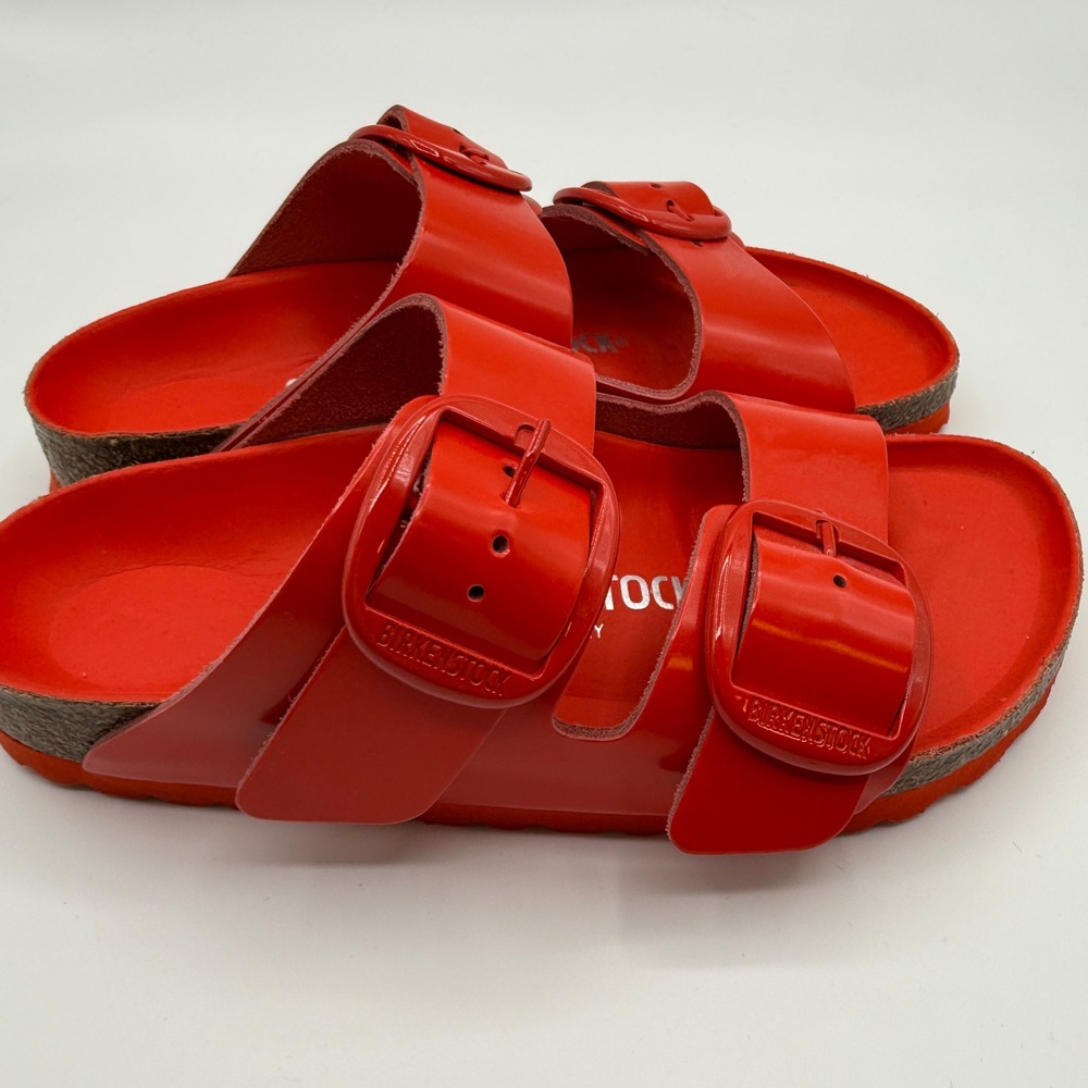 Birkenstock Arizona Big Buckle Sandals Womens 35 High Shine Tomato Red Slides - Picture 3 of 9